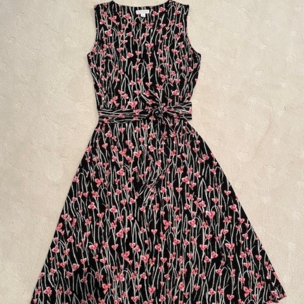 Sleeveless Black Floral A-Line Dress with Pink Blooms